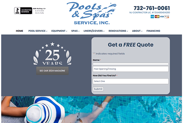 Screenshot of Pools & Spas Service, Inc. website featuring a 25th anniversary emblem, a quote request form, and contact details including a phone number and NJ contractor license number.