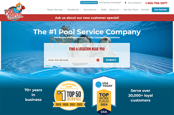 Screenshot of Pool Troopers website showing their promotion as the number one pool service company, featuring a search bar to find a location, customer service information, awards, and highlights of their services.