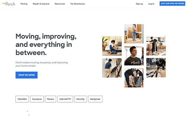 A webpage titled "Moving, improving, and everything in between" features images of people engaging in various home improvement activities with "Porch" branding.