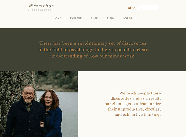 A webpage screenshot shows an older couple smiling outdoors beside a text about psychology discoveries and their benefits. The top menu includes links to "Home," "Explore," "Shop," "Blog," and "Log In.