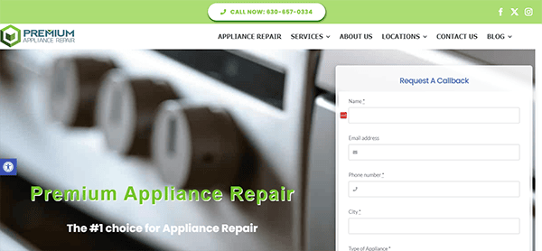 Screenshot of an appliance repair website showing a form for a callback request, phone contact details, and close-up of an oven with control knobs. The company name is "Premium Appliance Repair.