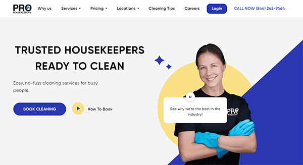 A smiling housekeeper in uniform and gloves stands with crossed arms next to text reading "Trusted Housekeepers Ready to Clean." There are buttons for booking and instructions on how to book cleaning services.