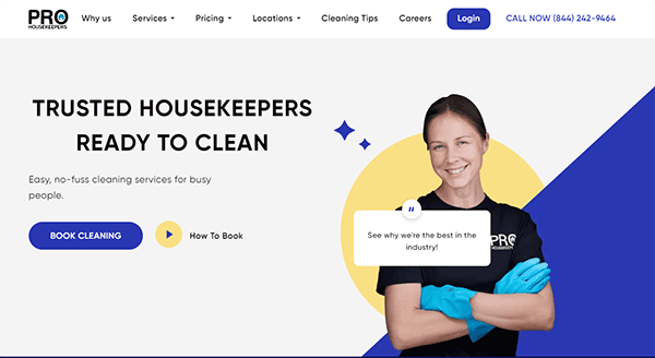 A smiling housekeeper in uniform and blue gloves stands with arms crossed. Text on the image promotes trustworthy housekeeping services. Buttons for booking and how-to information are visible.