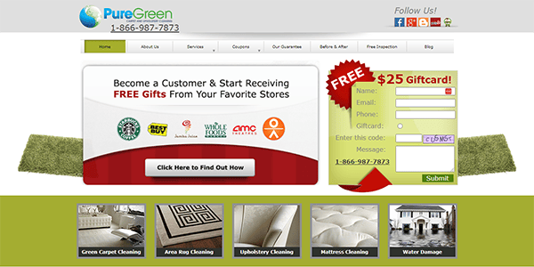 Screenshot of PureGreen's website featuring a promotion for a free $25 gift card. The website offers services such as green carpet cleaning, area rug cleaning, upholstery cleaning, and water damage repair.