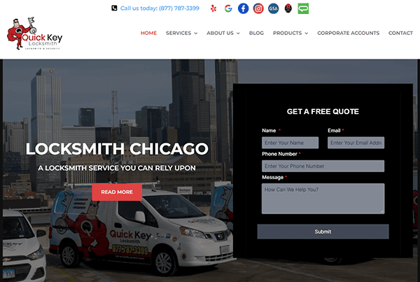 Welcome to Quick Key Locksmith Chicago, your best locksmith solution. Explore our services against a stunning cityscape backdrop and seamlessly connect with us through our user-friendly contact form. Discover why we're among the top locksmith websites with effective locksmith SEO strategies.