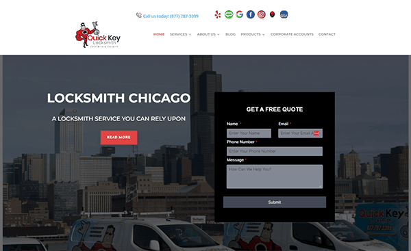 Screenshot of the Quick Key Locksmith website, showing contact information, services, logos, and a form for getting a free quote with fields for name, phone number, email, and message.