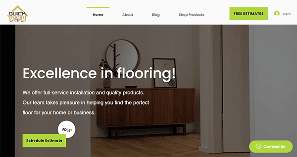 Screenshot of a website homepage offering flooring services. The site features a headline "Excellence in flooring!" and promotes full-service installation and quality products, with options to schedule estimates.