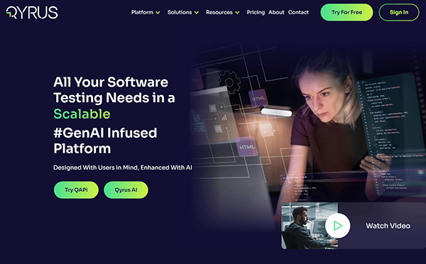 A woman working on a laptop with code on the screen is pictured on the right. The image promotes software testing solutions with AI integration from Qyrus. Links to "Try QAPI" and "Qyrus AI" are visible.