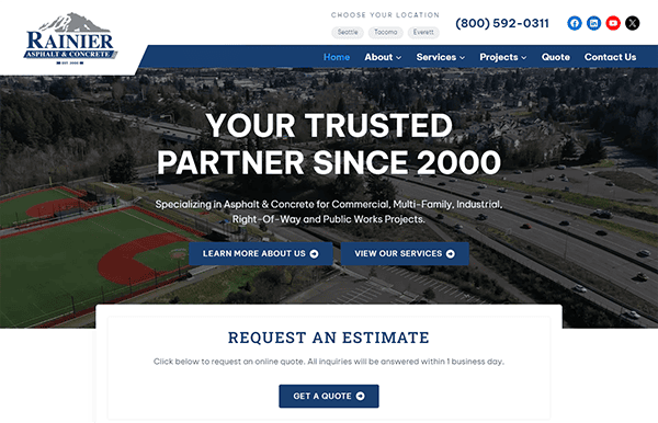 Screenshot of a website homepage for Rainier Asphalt & Concrete, featuring the heading "Your Trusted Partner Since 2000" and a call-to-action button for requesting an estimate.