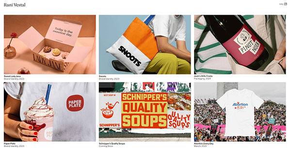 A collage of six images showing various branding projects: dessert packaging, a tote bag, a wine bottle, a t-shirt, a soup can label, and another t-shirt design displayed at an event.