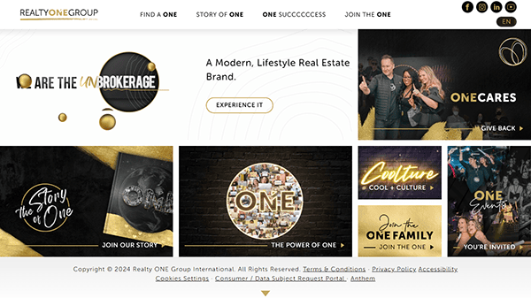 Screenshot of a website homepage for Realty ONE Group. The page includes text promoting the brand and its initiatives, with multiple sections titled "ONECARES," "ONE Family," and "A Modern, Lifestyle Real Estate Brand.