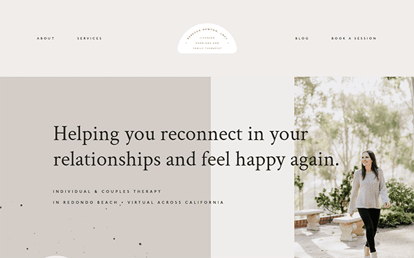 Website homepage for a therapy service offering individual and couples counseling, featuring text about reconnecting in relationships. The sidebar includes links to "About," "Services," "Blog," and "Book a Session.