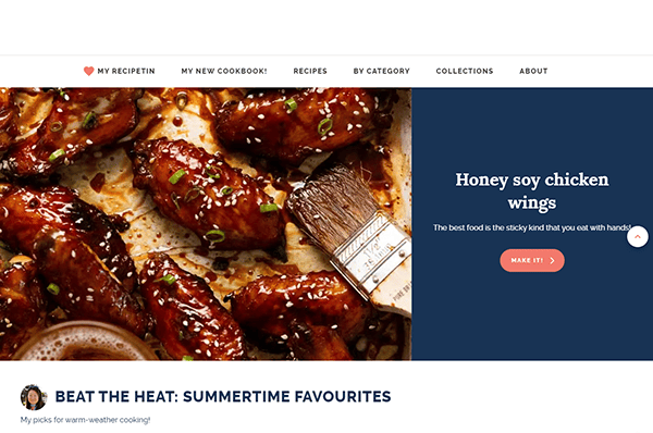 Close-up of glazed honey soy chicken wings on a tray with a brush on the right, accompanied by text promoting the dish. There is a "MAKE IT!" button and a banner mentioning summertime favorite recipes.