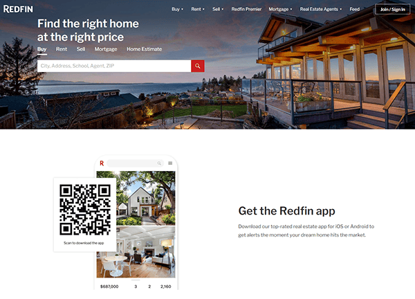 Screenshot of the Redfin website homepage featuring a search bar, options to buy/sell homes, and a prompt to download their mobile app using a QR code.