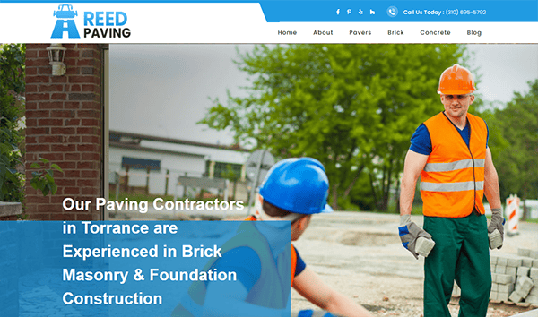 Website banner of Reed Paving showing two construction workers in safety gear at a job site with text highlighting their expertise in paving, brick masonry, and foundation construction in Torrance.