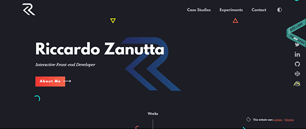 Website homepage of Riccardo Zanutta, an interactive front-end developer, featuring his name, logo, navigation links, and a prominent "About Me" button.