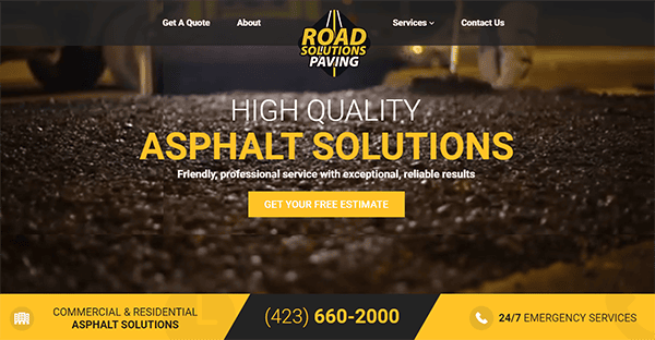 Website homepage for "Road Solutions Paving" offering high quality asphalt solutions with a phone number and 24/7 emergency services. The main call-to-action button reads "GET YOUR FREE ESTIMATE".