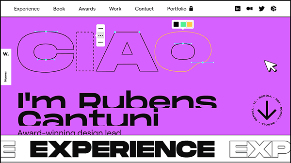 Website design showcasing "Rubens Cantuni, Award-winning design lead" with bold text, vibrant colors, and menu options for Experience, Book, Awards, Work, Contact, and Portfolio.