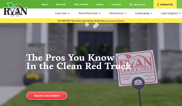 Website homepage showing a house exterior with the text "The Pros You Know In the Clean Red Truck" and a call-to-action button labeled "Request an Estimate." The site offers various lawn services.