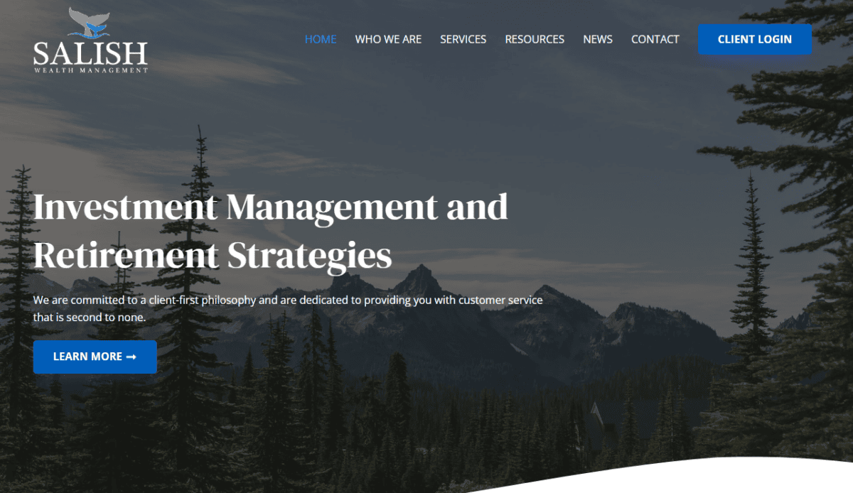 Screenshot of the Salish Wealth homepage featuring company information, services, recent insights, and contact details, with images of nature and a link to learn more.