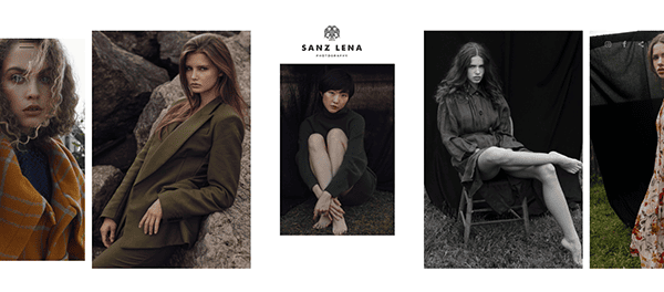 Fashion photography portfolio featuring five models in various poses and outfits. The middle image prominently displays the brand name "Sanz Lena.