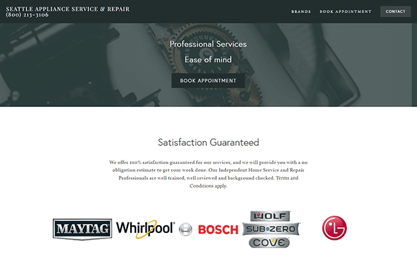 A webpage for Seattle Appliance Service & Repair showcasing professional services, satisfaction guarantee, and logos of brands like Maytag, Whirlpool, Bosch, Wolf, Sub-Zero, Cove, and LG.