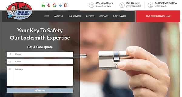 Discover one of the best locksmith websites, featuring a user-friendly contact form and a person holding a lock cylinder. We offer 24/7 emergency services and clear pricing information to meet all your security needs with ease and professionalism.