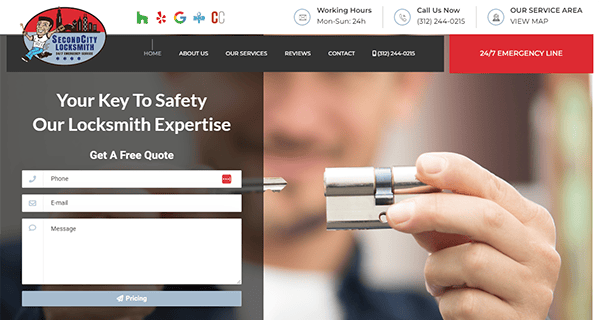 A locksmith website homepage with a contact form for getting a free quote, emergency contact numbers, operating hours, and an image of a person holding a door lock.