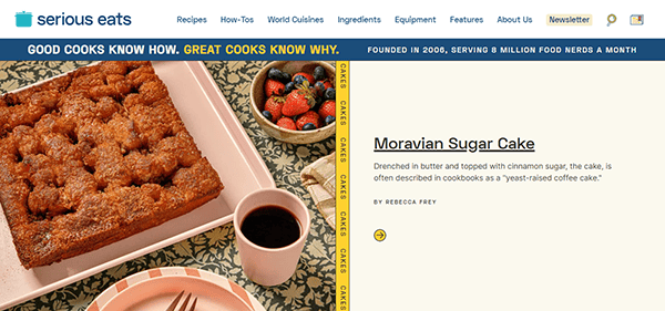 Screenshot of a Moravian Sugar Cake recipe on the Serious Eats website. The cake is described as drenched in butter and topped with cinnamon sugar. A slice of the cake and a bowl of berries are shown.