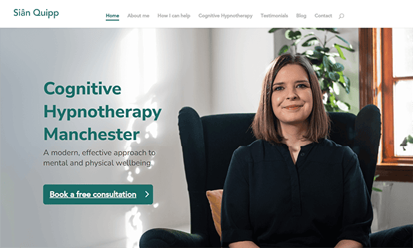 A woman sits in a chair next to a window in a room with plants. The text on the image reads, "Cognitive Hypnotherapy Manchester" with a button labeled "Book a free consultation".