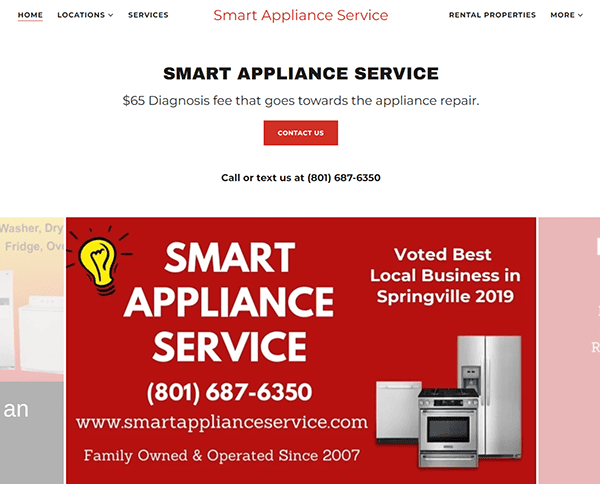 Website homepage for Smart Appliance Service, highlighting a $65 diagnosis fee and contact information. There is a banner promoting the business as a locally-voted favorite in Springville 2019.