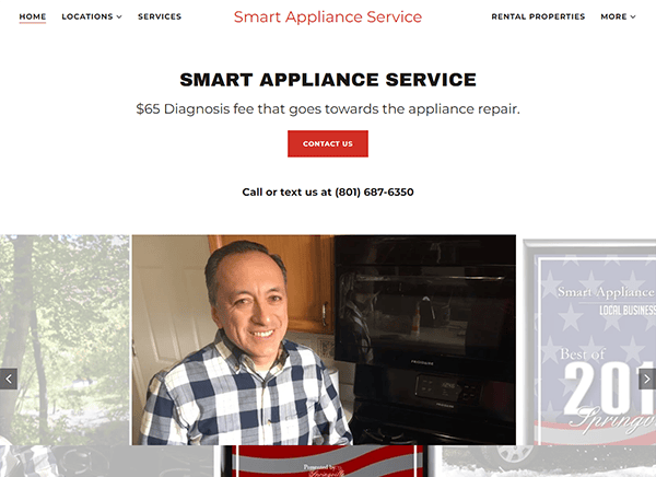 Screenshot of Smart Appliance Service website showing an appliance repairman smiling in a kitchen. The site mentions a $65 diagnosis fee going towards appliance repair and includes a contact number.