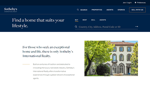 Screenshot of Sotheby's International Realty website showing a search bar, property search options, and a photo of a luxury home with a like invitation for property-related services.