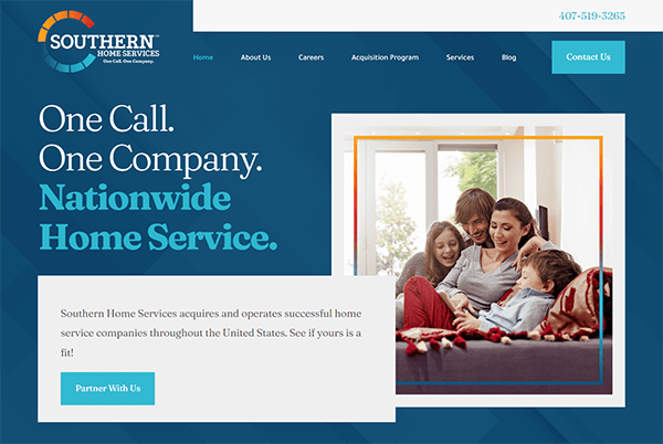 Website screenshot of Southern Home Services featuring a family sitting together on a couch. The text emphasizes nationwide home service and invites users to partner with them. Contact number: 407-519-2363.