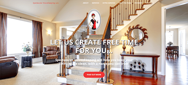 A clean, well-decorated living room with a staircase. Text on the image reads, "LET US CREATE FREE TIME FOR YOU.. Spectacular Housekeeping will help you keep your living space clean, with a name you can trust.