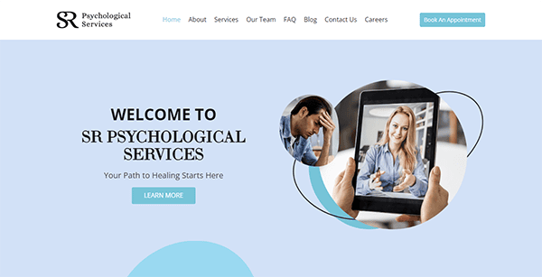 A website homepage for SR Psychological Services featuring a welcome message, navigation menu, and images of a man in distress and a woman speaking to a patient via video call.