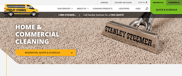 Image of a website's homepage for Stanley Steemer, highlighting home and commercial cleaning services with an option to get a residential quote and schedule a cleaning.