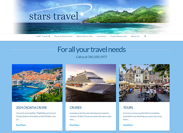 A travel agency website displaying various travel services. Featured sections include a Croatia cruise, general cruises, and tours. Contact information and navigation to other services are also visible.