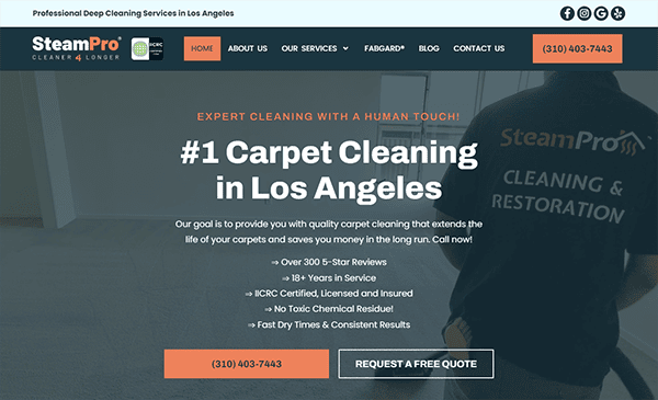 Screenshot of a SteamPro website advertising "Carpet Cleaning in Los Angeles" with contact information and services listed on the homepage. A person in a company shirt is partially visible on the right.