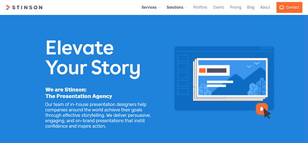 Screenshot of Stinson agency's webpage with the text "Elevate Your Story" and a brief description of their presentation design services, alongside an illustration of a website on a blue background.