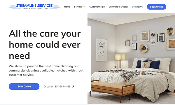 A website screenshot of Streamline Services offering home and commercial cleaning. Image shows a neat bedroom with various decorations and text emphasizing quality service. Contact and booking options are visible.