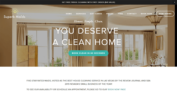 Superb Maids homepage showcasing their cleaning service with text: "You deserve a clean home." Options to book, learn about services, and see ratings are available. A promotion for free fridge cleaning is highlighted.