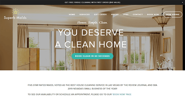 Screenshot of Superb Maids' website featuring the tagline "You deserve a clean home" with a "Book clean in 60 seconds" button. The site highlights awards and offers fridge cleaning with the first order.