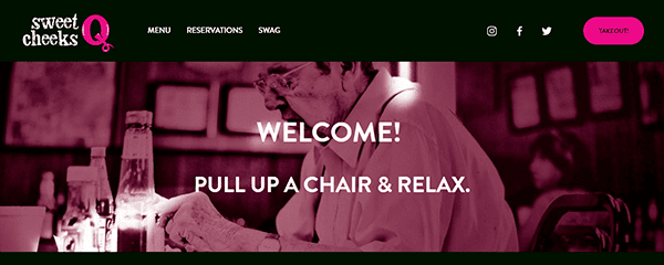 Restaurant website banner with the text "Sweet Cheeks Q" featuring an older man sitting at a table with a welcome message: "Welcome! Pull up a chair & relax.