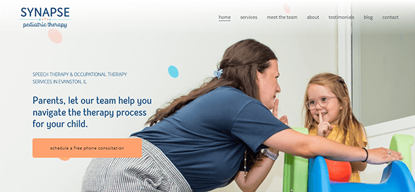 A woman helps a child in a blue dress and glasses on a therapeutic play structure. The website offers speech and occupational therapy services for children. Text invites parents to book a free consultation.