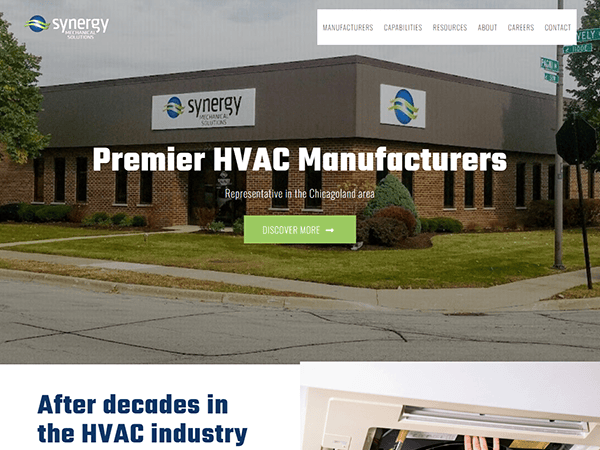 A building with a Synergy Energy Solutions sign, promoting as premier HVAC manufacturers. The website for Synergy Mechanical Solutions, Inc. has sections for manufacturers, capabilities, resources, careers, and contact information.