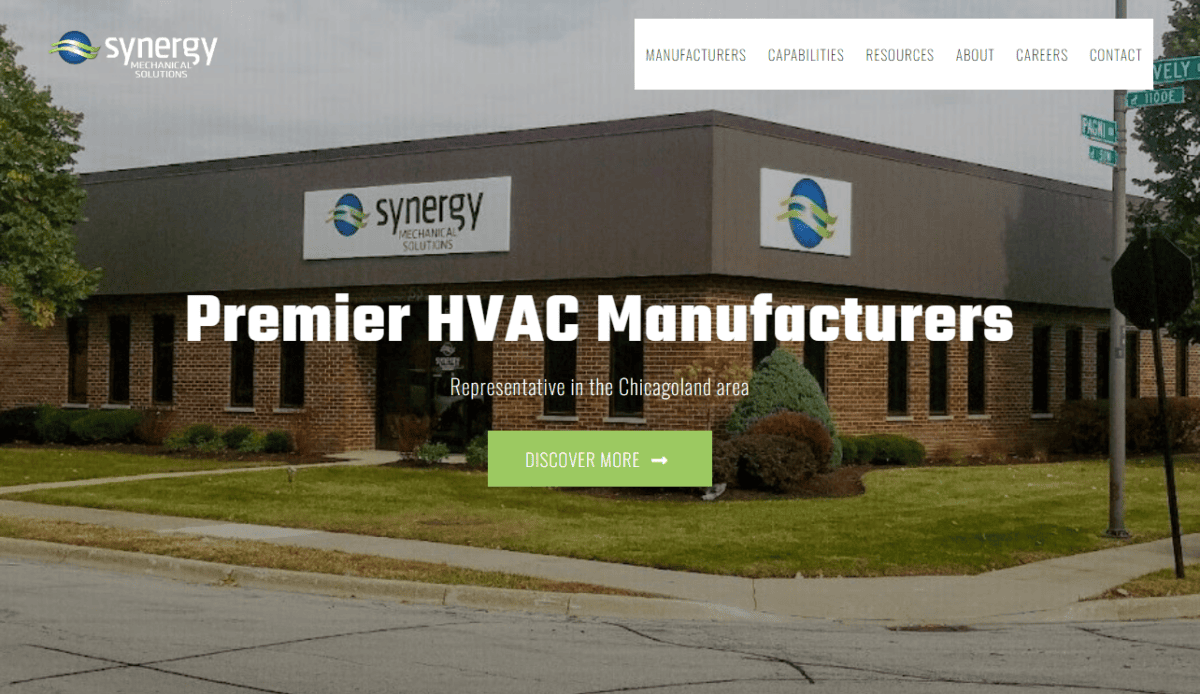 Website of Synergy Mechanical Solutions Inc. featuring HVAC services, an image of a technician working on equipment, sections for design, products, parts & service, customer testimonials, and contact information.