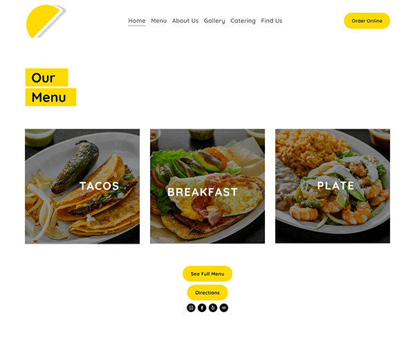 Website menu section displaying images of tacos, a breakfast dish, and a plated meal. Text overlays read "Tacos," "Breakfast," and "Plate." There are options to see the full menu and get directions.