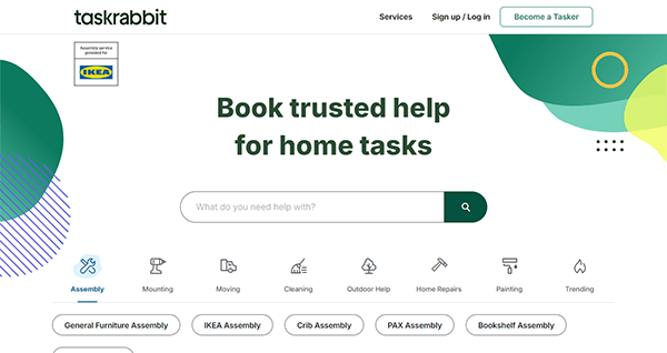 TaskRabbit homepage with a search bar and icons for various services like assembly, mounting, moving, cleaning, and home repairs. The page encourages booking trusted help for home tasks.