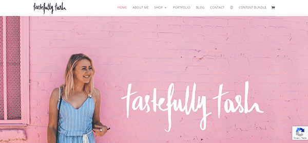 Website homepage with a woman in a blue dress standing by a pink brick wall under the header "tastefully tash." The navigation menu includes Home, About Me, Shop, Portfolio, Blog, Contact, and Content Bundle.